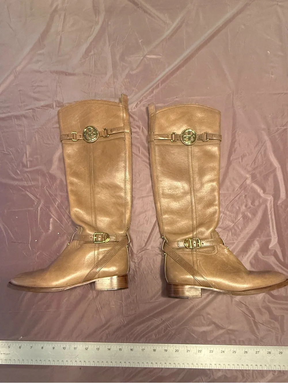 Tory Burch Calista Taupe Gold Leather Logo Belt Knee Riding Boots Size 6 $495